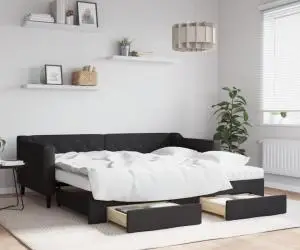 vidaXL Pat de zi cu extensie și sertare, negru, 90x190cm, textil