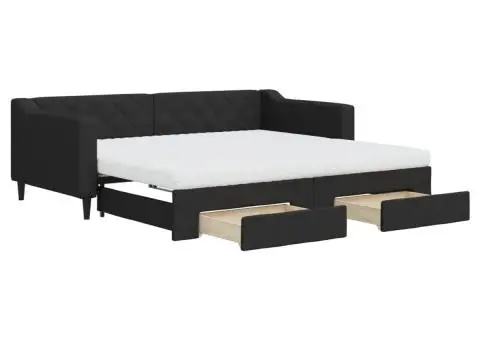 Pat de zi cu extensie și sertare, negru, 90x190cm, textil - 2/5