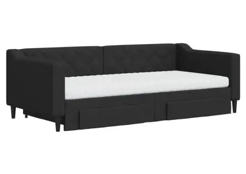 Pat de zi cu extensie și sertare, negru, 90x190cm, textil - 3/5