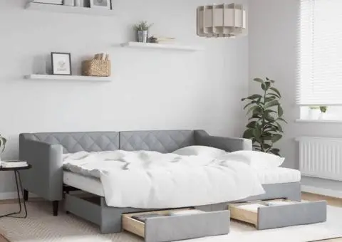 Pat de zi cu extensie și sertare, gri deschis, 90x190cm, textil - 1/5