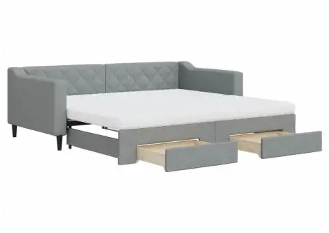 Pat de zi cu extensie și sertare, gri deschis, 90x190cm, textil - 2/5