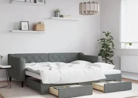 Pat de zi cu extensie și sertare, gri închis, 90x190cm, textil - 1/5