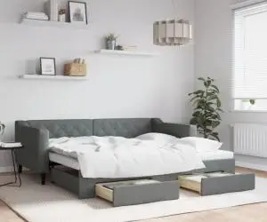 vidaXL Pat de zi cu extensie și sertare, gri închis, 90x190cm, textil