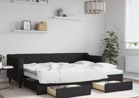 Pat de zi cu extensie și sertare, negru, 80x200 cm, textil - 1/5