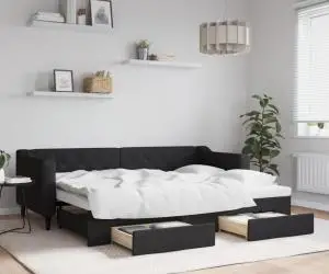 vidaXL Pat de zi cu extensie și sertare, negru, 80x200 cm, textil