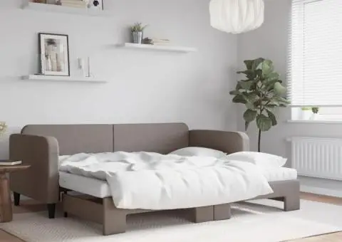 Pat de zi cu extensie și saltele, gri taupe, 90x200 cm, textil - 1/5