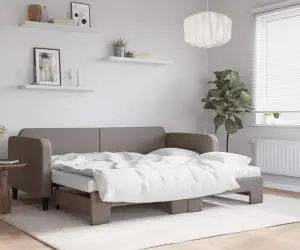 vidaXL Pat de zi cu extensie și saltele, gri taupe, 90x200 cm, textil