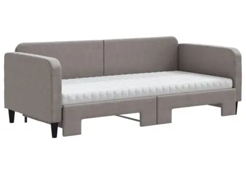 Pat de zi cu extensie și saltele, gri taupe, 90x200 cm, textil - 3/5
