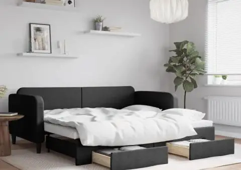 Pat de zi cu extensie și sertare, negru, 90x200 cm, textil - 1/5