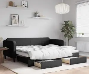 vidaXL Pat de zi cu extensie și sertare, negru, 90x200 cm, textil