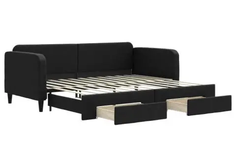 Pat de zi cu extensie și sertare, negru, 90x200 cm, textil - 2/5