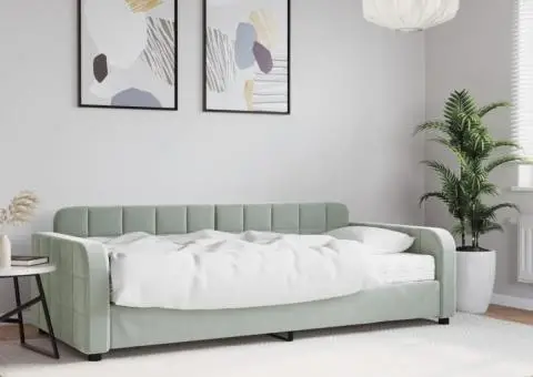 Pat de zi cu saltea, gri deschis, 90x190 cm, catifea - 1/5