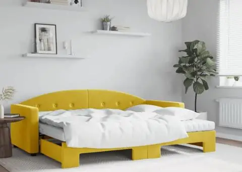 Pat de zi cu extensie și saltea, galben, 80x200 cm, catifea - 1/5