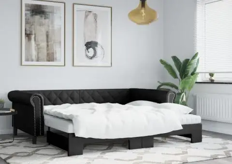 Pat de zi cu extensie, negru, 90x200 cm, piele ecologică - 1/5