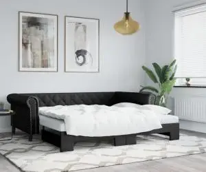 vidaXL Pat de zi cu extensie, negru, 90x200 cm, piele ecologică