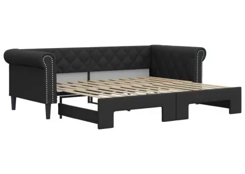 Pat de zi cu extensie, negru, 90x200 cm, piele ecologică - 2/5