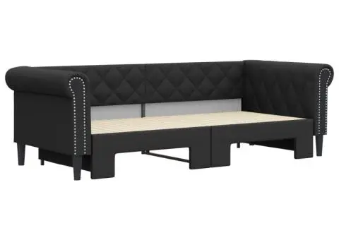 Pat de zi cu extensie, negru, 90x200 cm, piele ecologică - 3/5