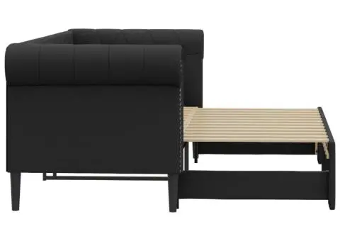 Pat de zi cu extensie, negru, 90x200 cm, piele ecologică - 4/5