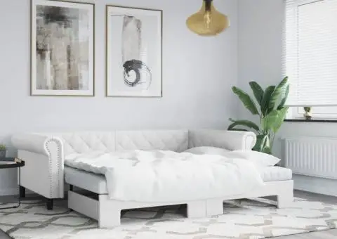 Pat de zi cu extensie și saltele alb 90x200 cm piele ecologică - 1/5