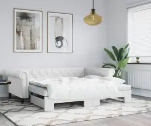 vidaXL Pat de zi cu extensie și saltele alb 90x200 cm piele ecologică
