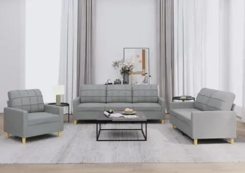 Set de canapele cu perne, 3 piese, gri deschis, textil - 1/5