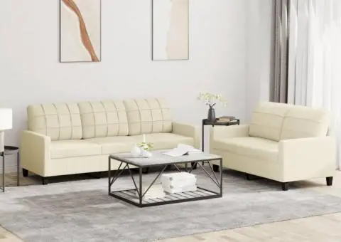 Set de canapele cu perne, 2 piese, crem, piele ecologică - 1/5