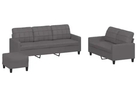 Set de canapele cu perne, 3 piese, gri, piele ecologică - 2/5