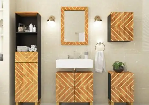 Set dulapuri de baie, 5 piese, maro și negru, lemn masiv mango - 1/5