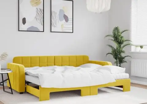 Pat de zi cu extensie și saltea, galben, 80x200 cm, catifea - 1/5