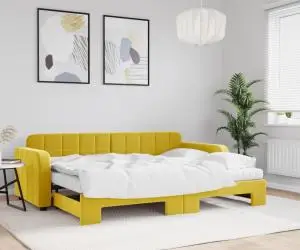 vidaXL Pat de zi cu extensie și saltea, galben, 80x200 cm, catifea