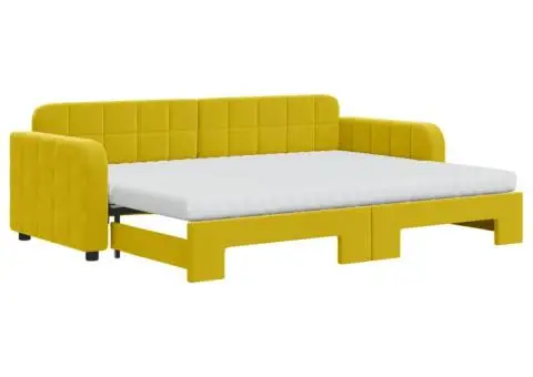 Pat de zi cu extensie și saltea, galben, 80x200 cm, catifea - 2/5