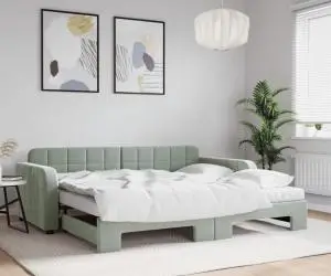 vidaXL Pat de zi cu extensie și saltele, gri deschis 90x200 cm catifea