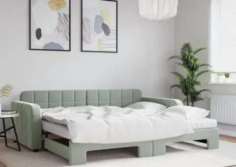 Pat de zi cu extensie și saltele, gri deschis 90x190 cm catifea - 1/5