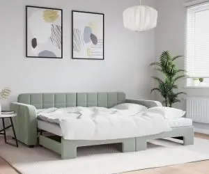 vidaXL Pat de zi cu extensie și saltele, gri deschis 90x190 cm catifea