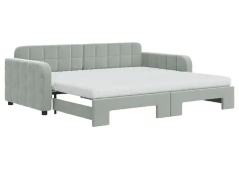 Pat de zi cu extensie și saltele, gri deschis 90x190 cm catifea - 2/5