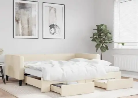 Pat de zi cu extensie și sertare, crem, 100x200 cm, textil - 1/5