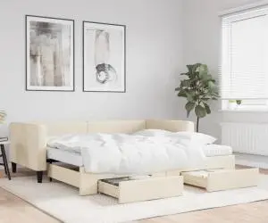 vidaXL Pat de zi cu extensie și sertare, crem, 100x200 cm, textil