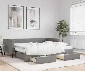 vidaXL Pat de zi cu extensie și sertare, gri închis, 90x190cm, textil