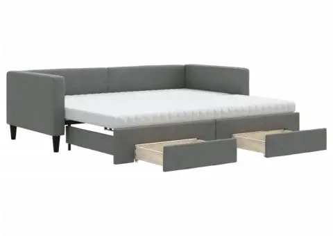 Pat de zi cu extensie și sertare, gri închis, 90x190cm, textil - 2/5