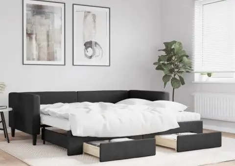 Pat de zi cu extensie și sertare, negru, 90x200 cm, textil - 1/5