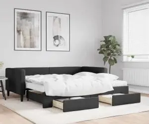 vidaXL Pat de zi cu extensie și sertare, negru, 90x200 cm, textil