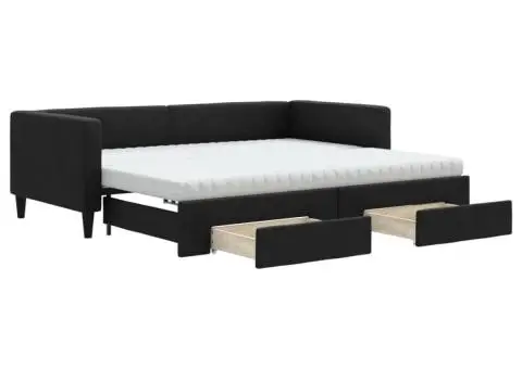 Pat de zi cu extensie și sertare, negru, 90x200 cm, textil - 2/5