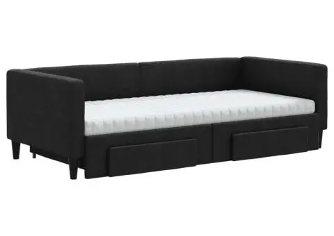 Pat de zi cu extensie și sertare, negru, 90x200 cm, textil - 3/5
