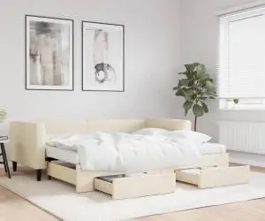 vidaXL Pat de zi cu extensie și sertare, crem, 90x200 cm, textil