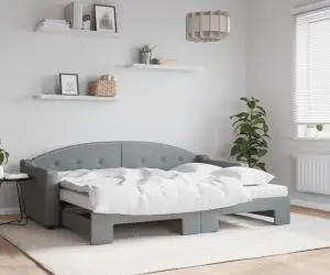 vidaXL Pat de zi cu extensie și saltele, gri deschis, 80x200 cm textil