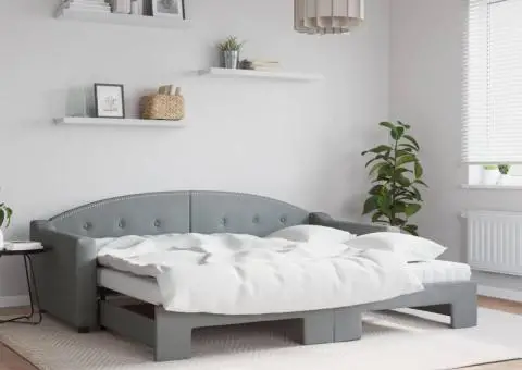 Pat de zi cu extensie și saltele, gri deschis 90x200 cm textil - 1/5