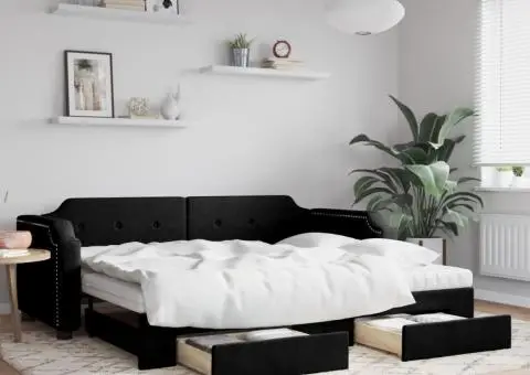 Pat de zi cu extensie și sertare, negru, 80x200 cm, textil - 1/5