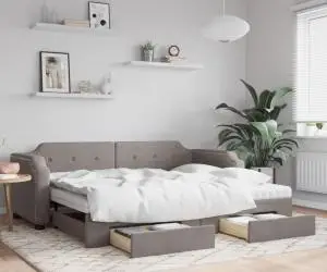 vidaXL Pat de zi cu extensie și sertare, gri taupe, 90x200 cm, textil