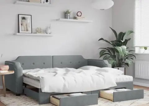 Pat de zi cu extensie și sertare, gri deschis, 90x190cm, textil - 1/5