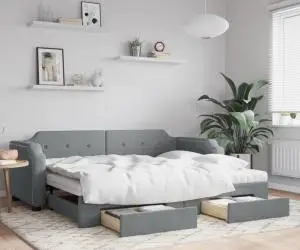 vidaXL Pat de zi cu extensie și sertare, gri deschis, 90x190cm, textil